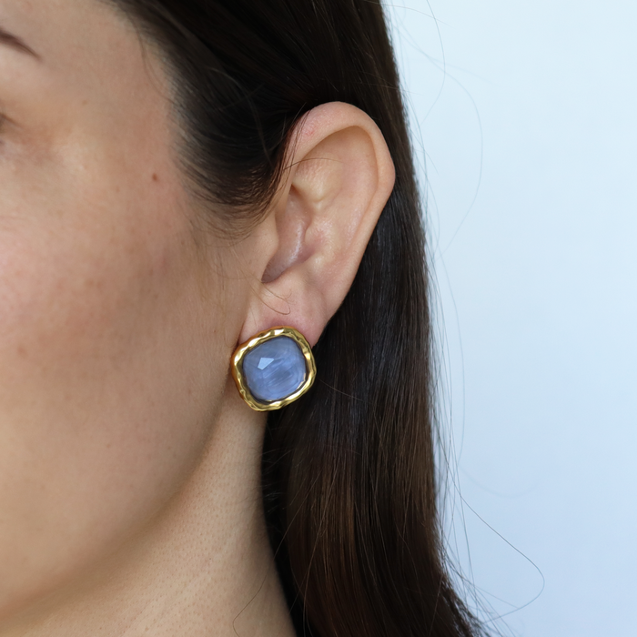 Earrings, Bezel Gem Studs, Soft Denim Blue
