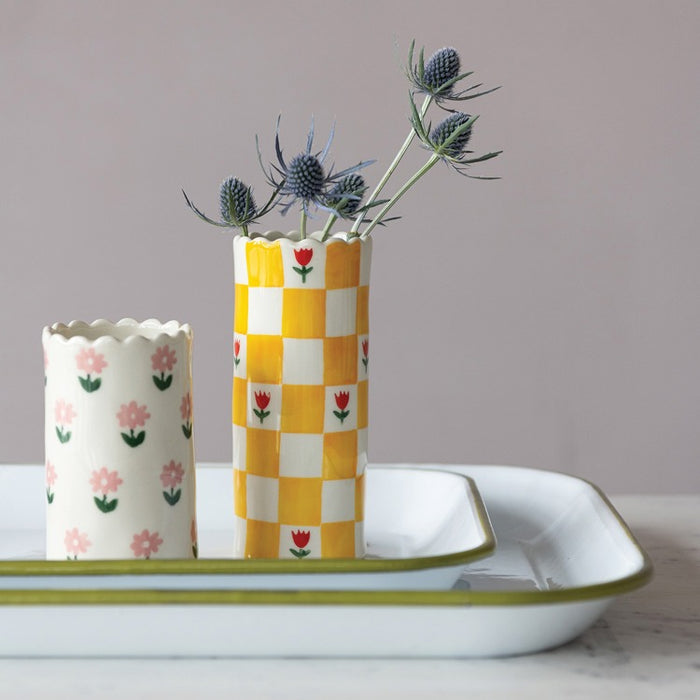 Stoneware Vase, Yellow Check