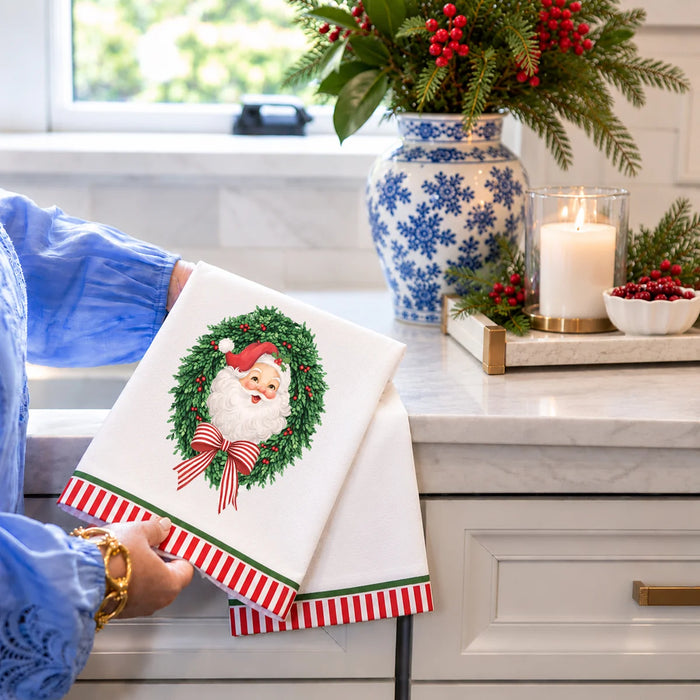 Cotton Tea Towel, Santa Claus with Wreath