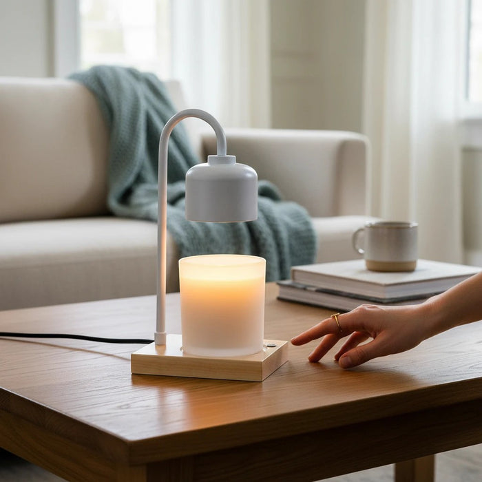 The Polka Dot Press white and wood arched candle warmer lamp melting a jar candle on a wooden coffee table
