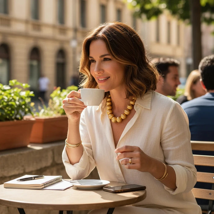 The Polka Dot Press brushed gold big ball necklace worn by a woman drinking coffee at an outdoor cafe table.