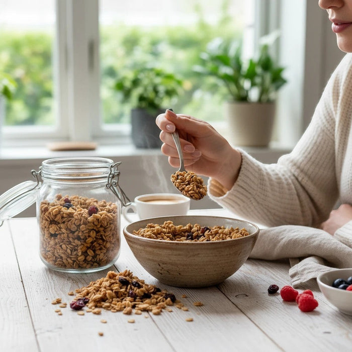 The Polka Dot Press Cottage Classic Granola with oats, pecans, and cranberries in a bowl and glass storage jar