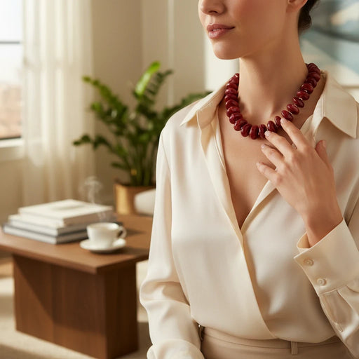 The Polka Dot Press Randi chunky maroon marbled beaded statement necklace worn by a woman in a cream silk blouse.