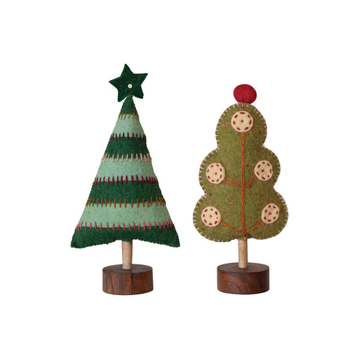 Wool Felt Christmas Tree w/ Pom Pom/Star & Wood Base, 2 Styles