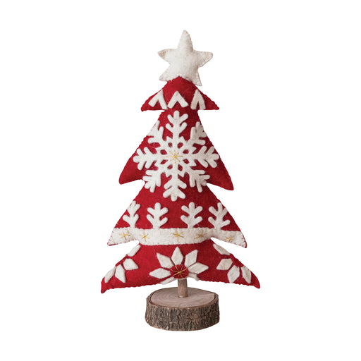 Handmade Wool Felt Christmas Tree w/ Applique, Embroidery & Wood Slice Base