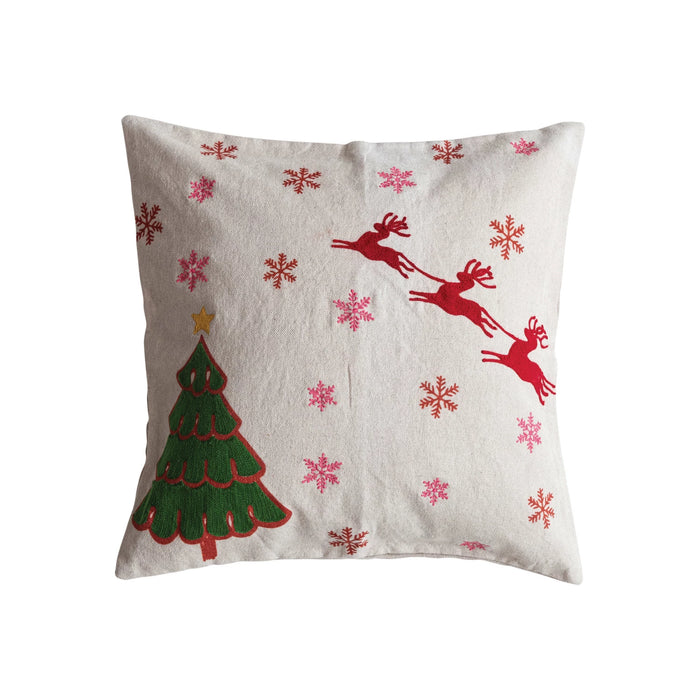 Cotton & Linen Printed Pillow w/ Reindeer in the Sky