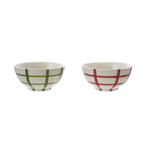 Hand-Painted Stoneware Bowl with Grid Pattern, 2 Colors