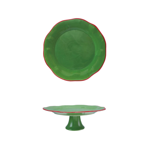Stoneware Scalloped Pedestal with Red Rim, Green