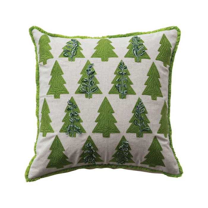 Cotton & Linen Printed Pillow w/ Embroidered Trees