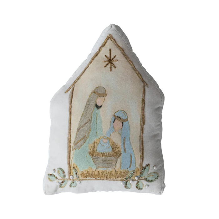 Hand-Embroidered Velvet Pillow with Holy Family, French Knots & Beads