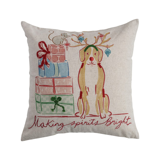 18" Square Cotton & Linen Printed Pillow with Embroidered Dog Image ©