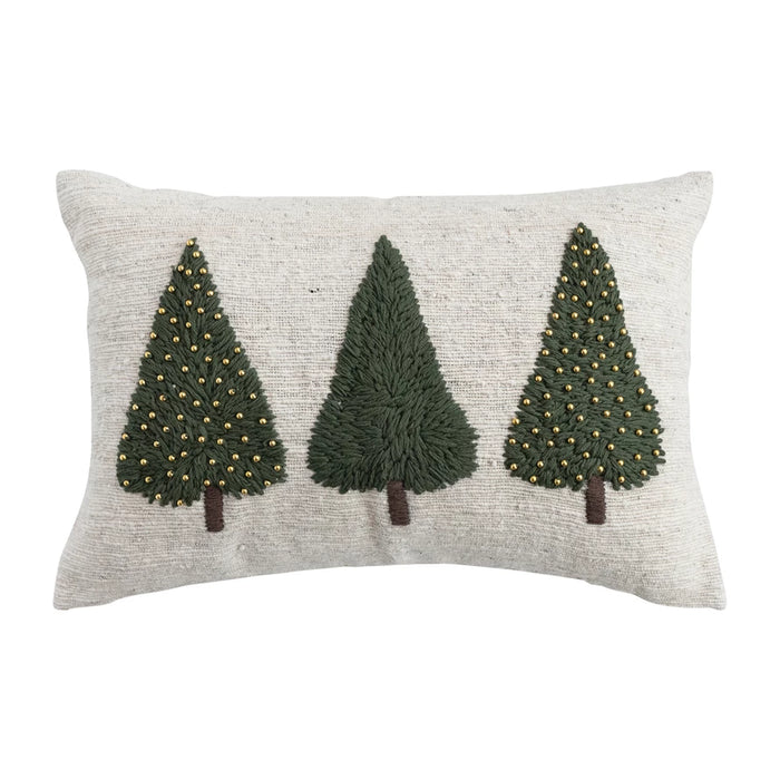 Cotton & Wool Lumbar Pillow with Trees & Beads