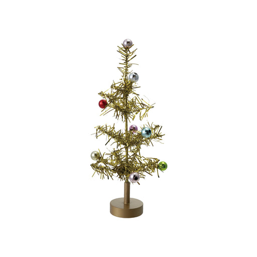 Tinsel Tree with Multi Color Ball Ornaments, Gold Finish
