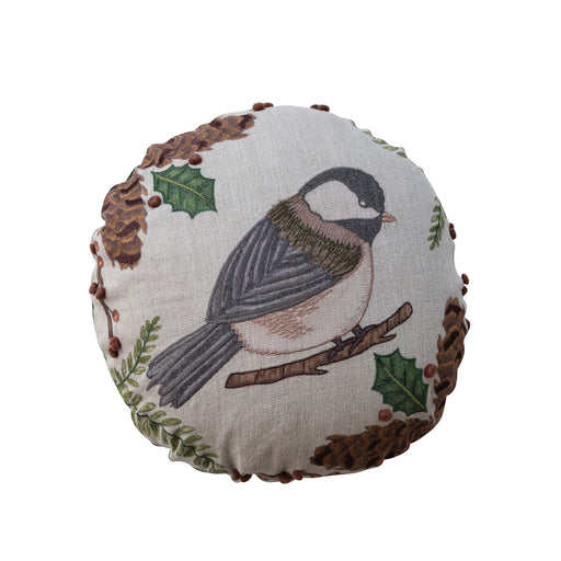 16" Round Linen Printed Pillow with Seasonal Botanicals, Bird, Embroidery & Cotton Back ©
