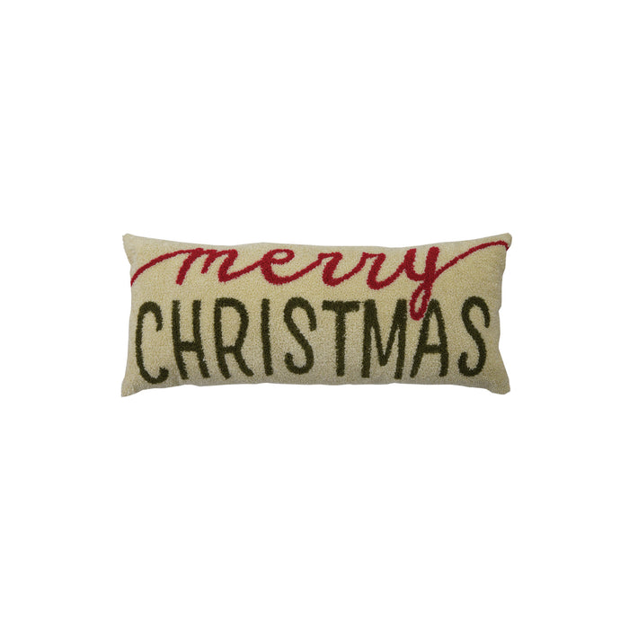 Cotton Boucle Lumbar Pillow with Embroidered "Merry Christmas", Beige, Green & Red