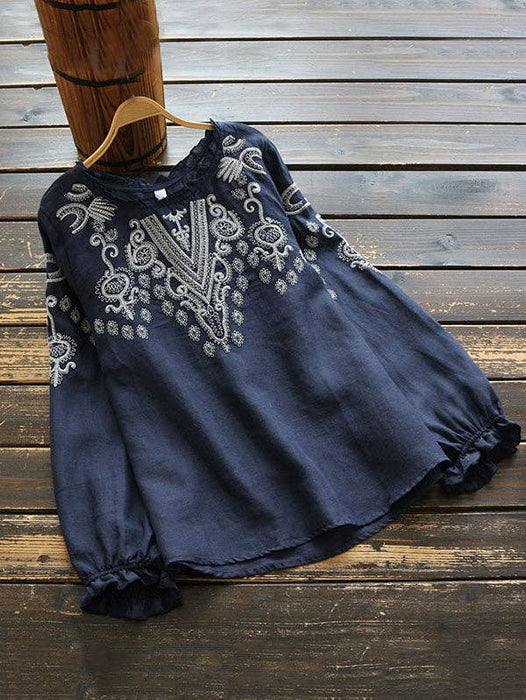 Blouse, Embroidered Detail Long Sleeved, Navy