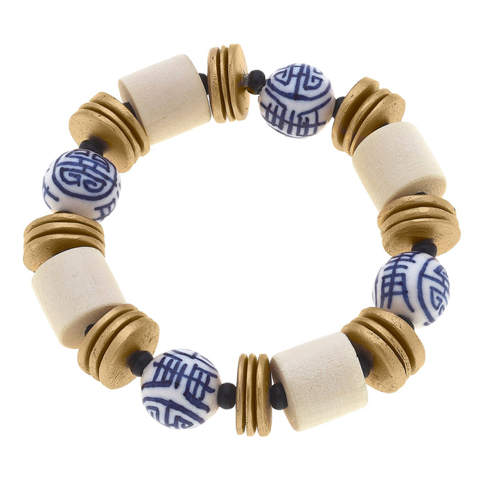 Lorelei Chinoiserie & Painted Wood Stretch Bracelet in Ivory
