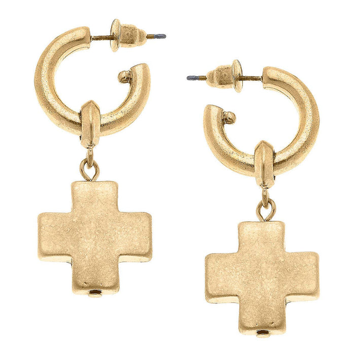 Edith Square Cross Drop Hoop Earrings in Worn Gold