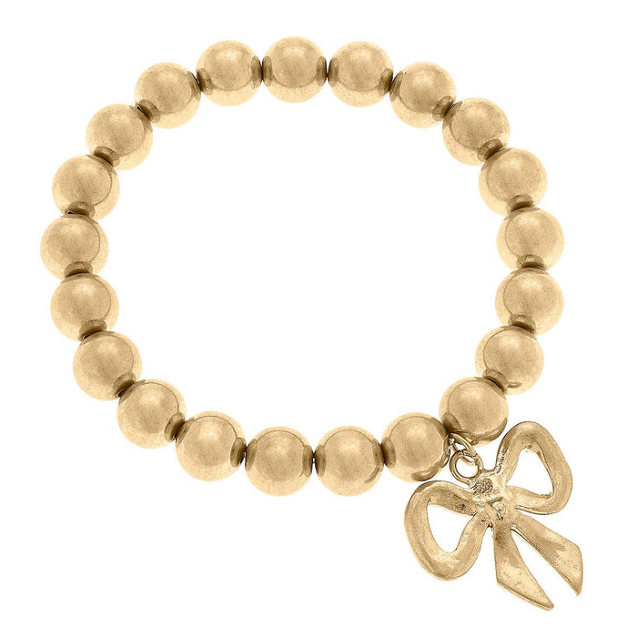 Dominique Bow Charm Ball Bead Stretch Bracelet in Worn Gold