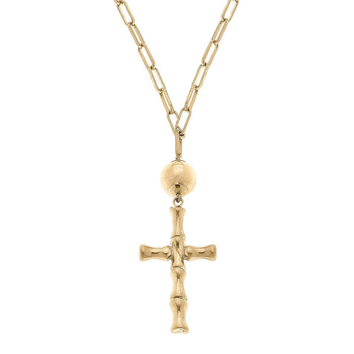 Estella Bamboo Cross Pendant Necklace in Worn Gold