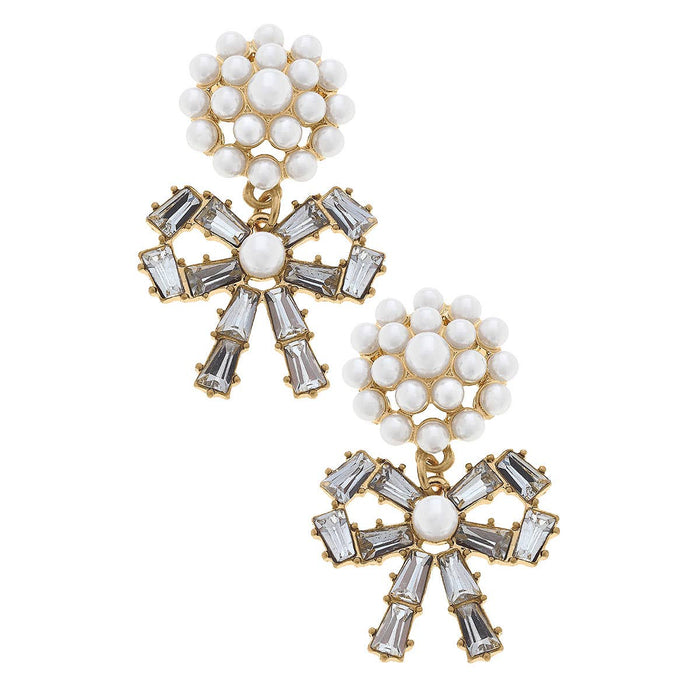 Lindsey Pearl Cluster Rhinestone Bow Drop Earrings: Clear