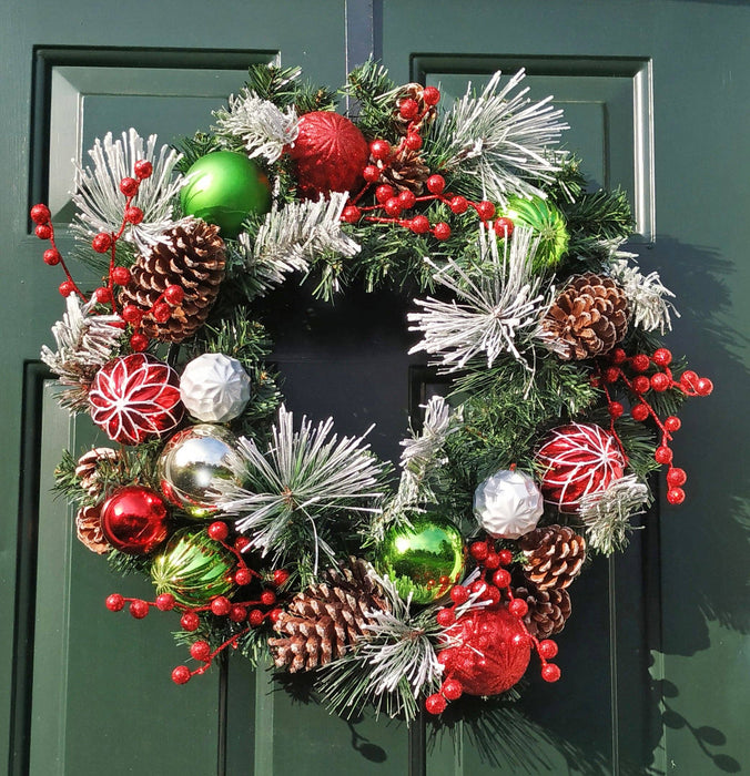 Flocked Christmas Wreath with Ball Ornaments and Pinecones 2