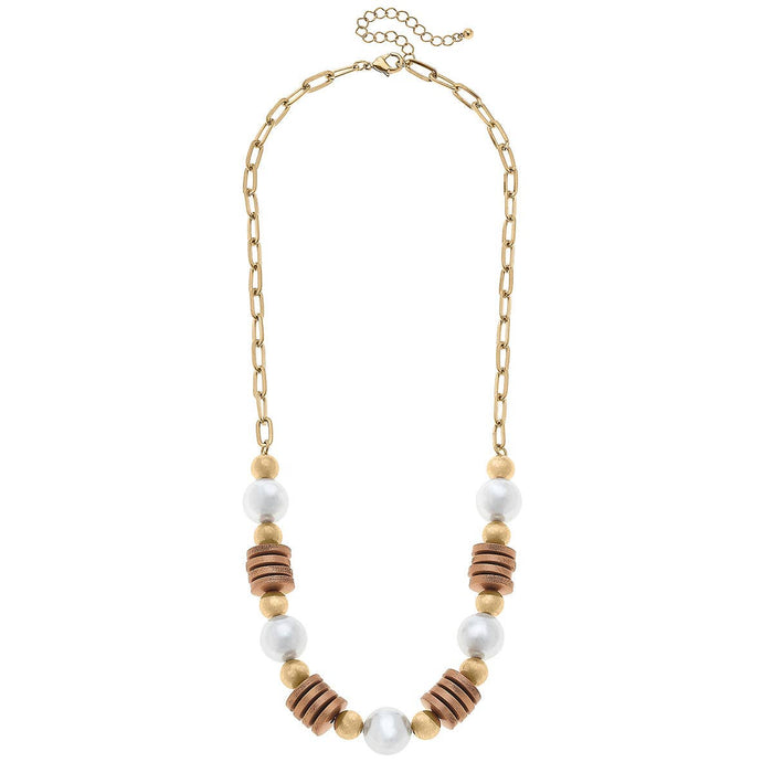 Kalilah Pearl, Wood & Gold Bead Chain Necklace in Worn Gold