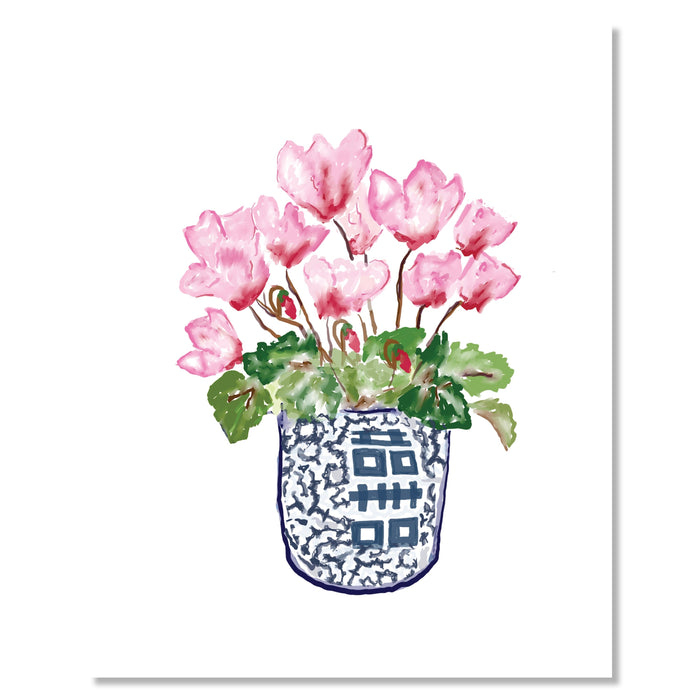 Art Print, Pink Tulips in Chinoiserie Vase