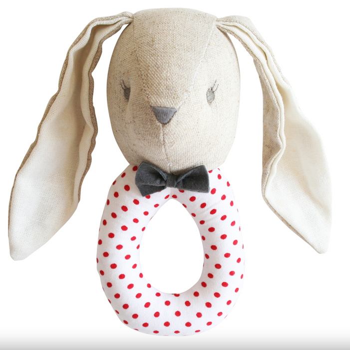 Linen Louie Grab Rattle, Grey & Red
