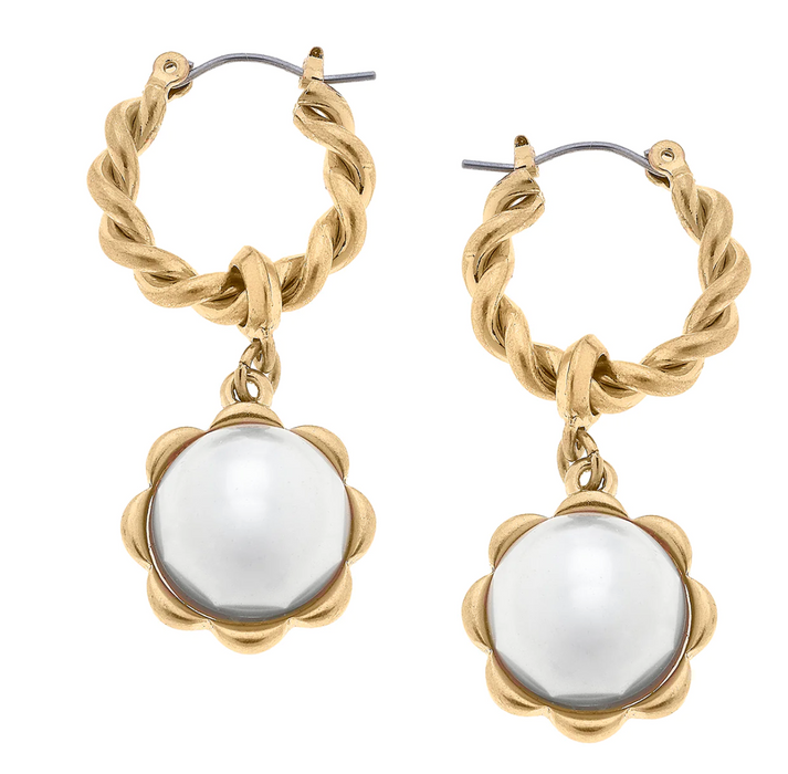 Earrings, Twisted Metal & Pearl Flower Drop Hoop