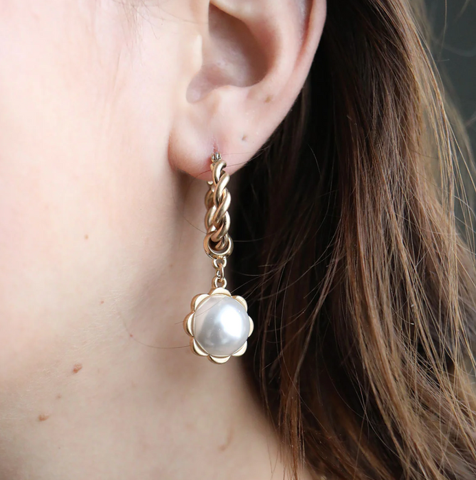 Earrings, Twisted Metal & Pearl Flower Drop Hoop