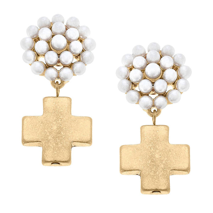 Edith Square Cross Pearl Cluster Drop Earrings in Worn Gold