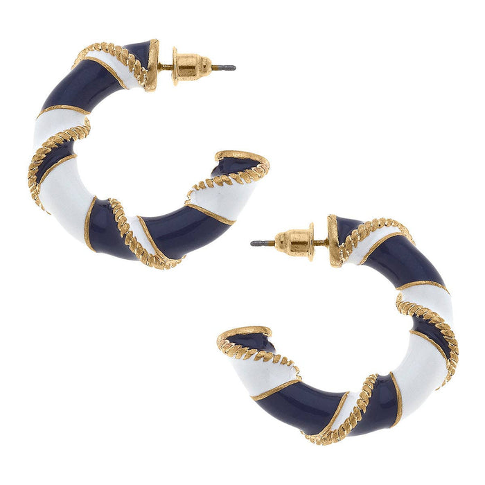 Annmarie Enamel Twisted Rope Hoop Earrings in Navy & White